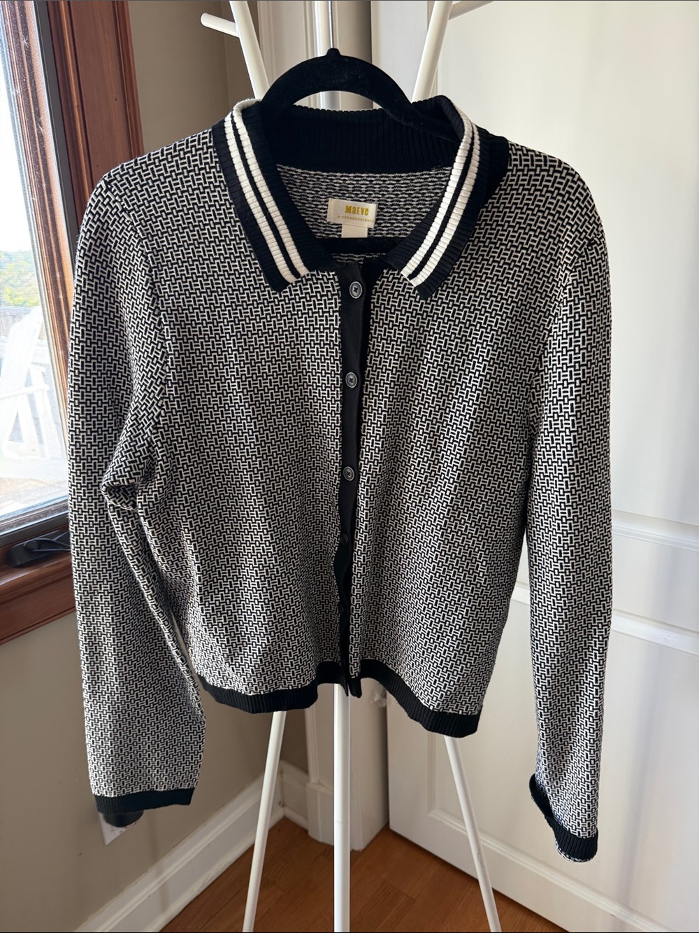 Anthropologie Black and White Knit Polo Cardigan